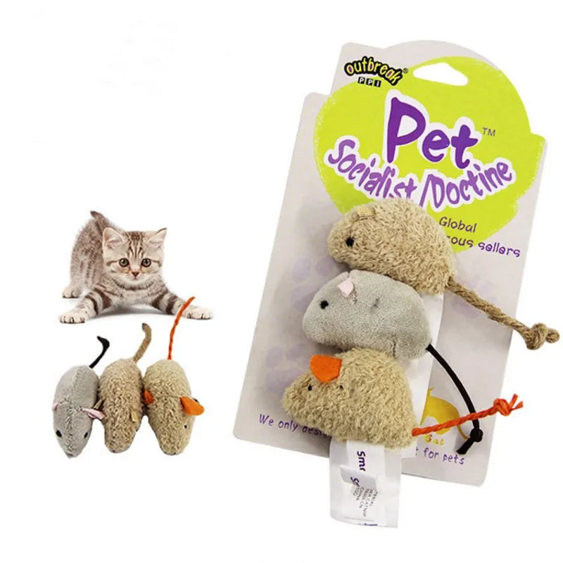 Conjunto com 3 ratos de pelúcia simulados para gatos – brinquedos interativos resistentes a mordidas e arranhões, ideais para filhotes e gatos adultos.