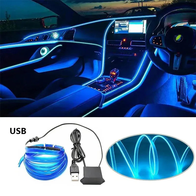 Luz de Decoração de Interior para Carro LED – Fita Neon EL 1/3/5M para Automóveis DIY Flexível com Conexão USB e Lâmpada de Ambiente