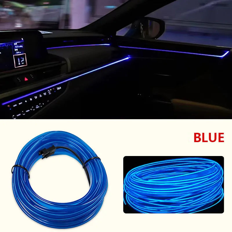 Luz de Decoração de Interior para Carro LED – Fita Neon EL 1/3/5M para Automóveis DIY Flexível com Conexão USB e Lâmpada de Ambiente