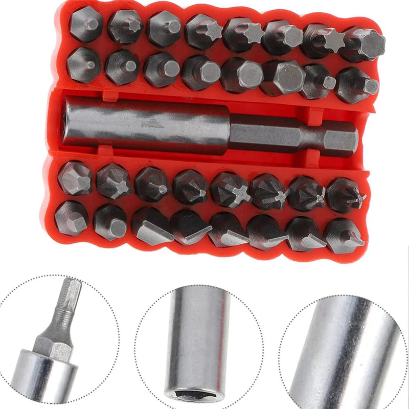 Conjunto de Bits Magnéticos para Chave de Fenda 33 Peças – Torq, Torx, Hexagonal, Estrela, Spanner com Suporte Elétrico de 1/4" (6,35 mm)