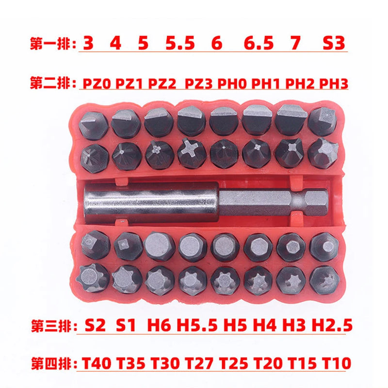 Conjunto de Bits Magnéticos para Chave de Fenda 33 Peças – Torq, Torx, Hexagonal, Estrela, Spanner com Suporte Elétrico de 1/4" (6,35 mm)